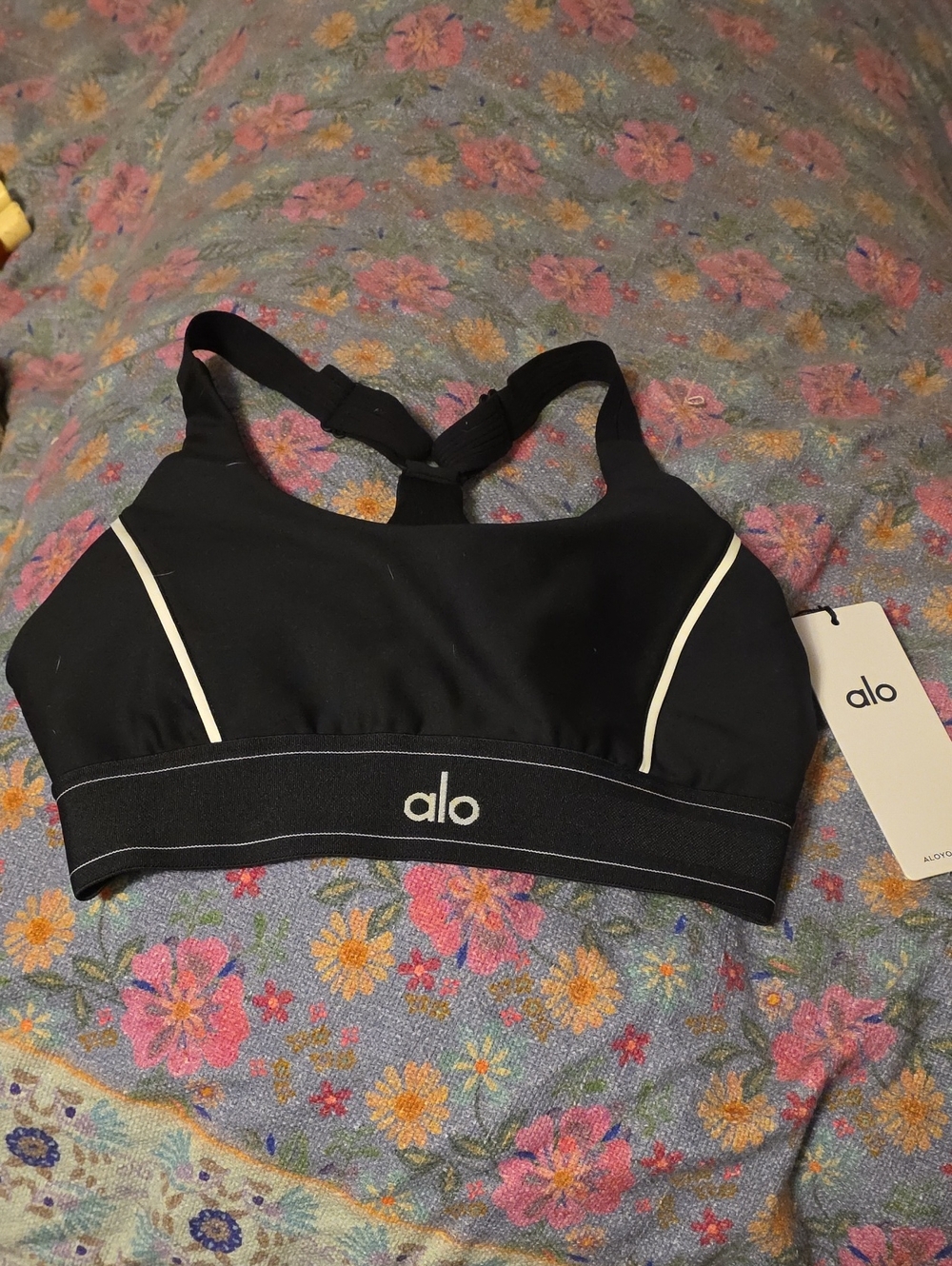 ALO Yoga Black Sports Bra with White Trim